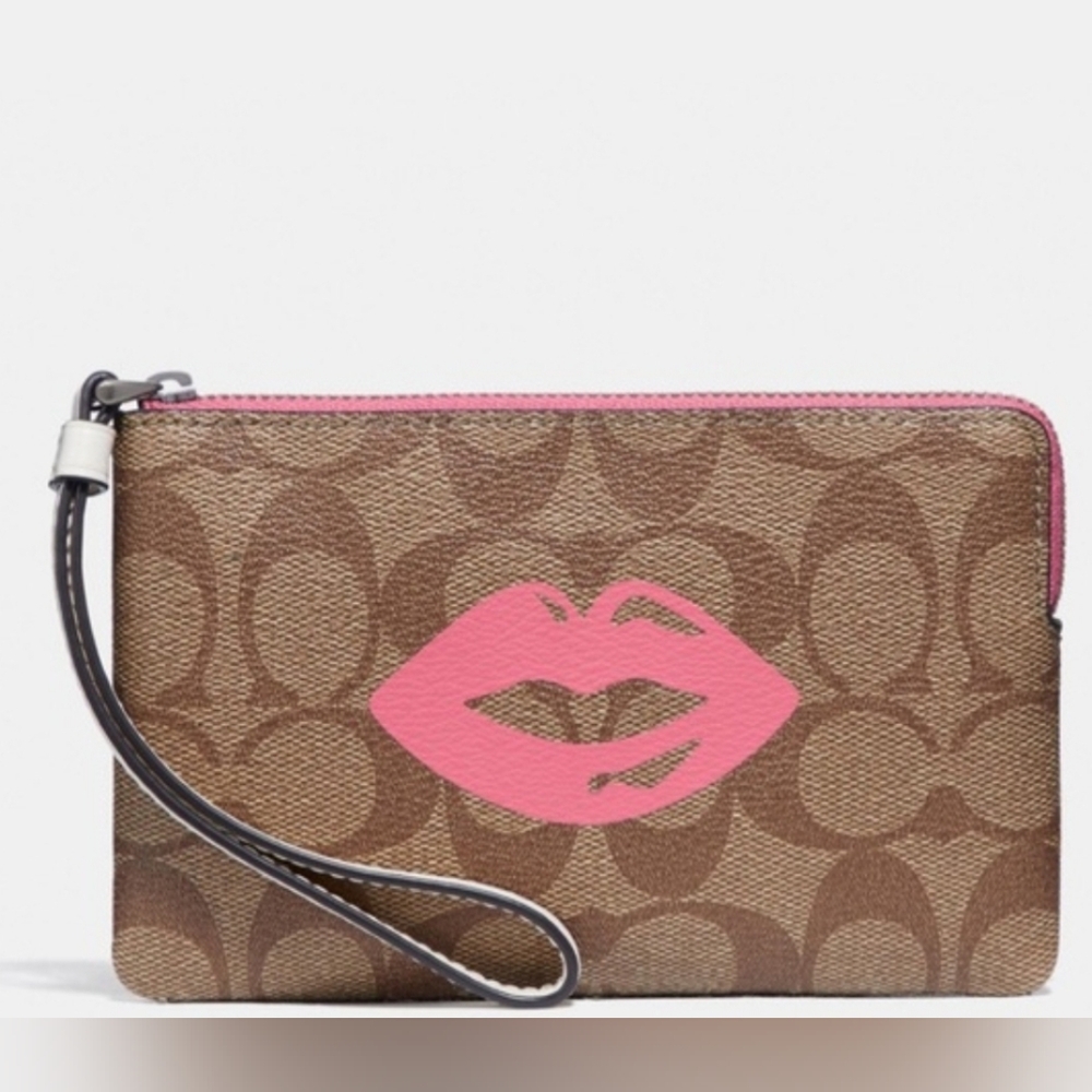 Coach Signature Brown Wristlet with Pink Accent